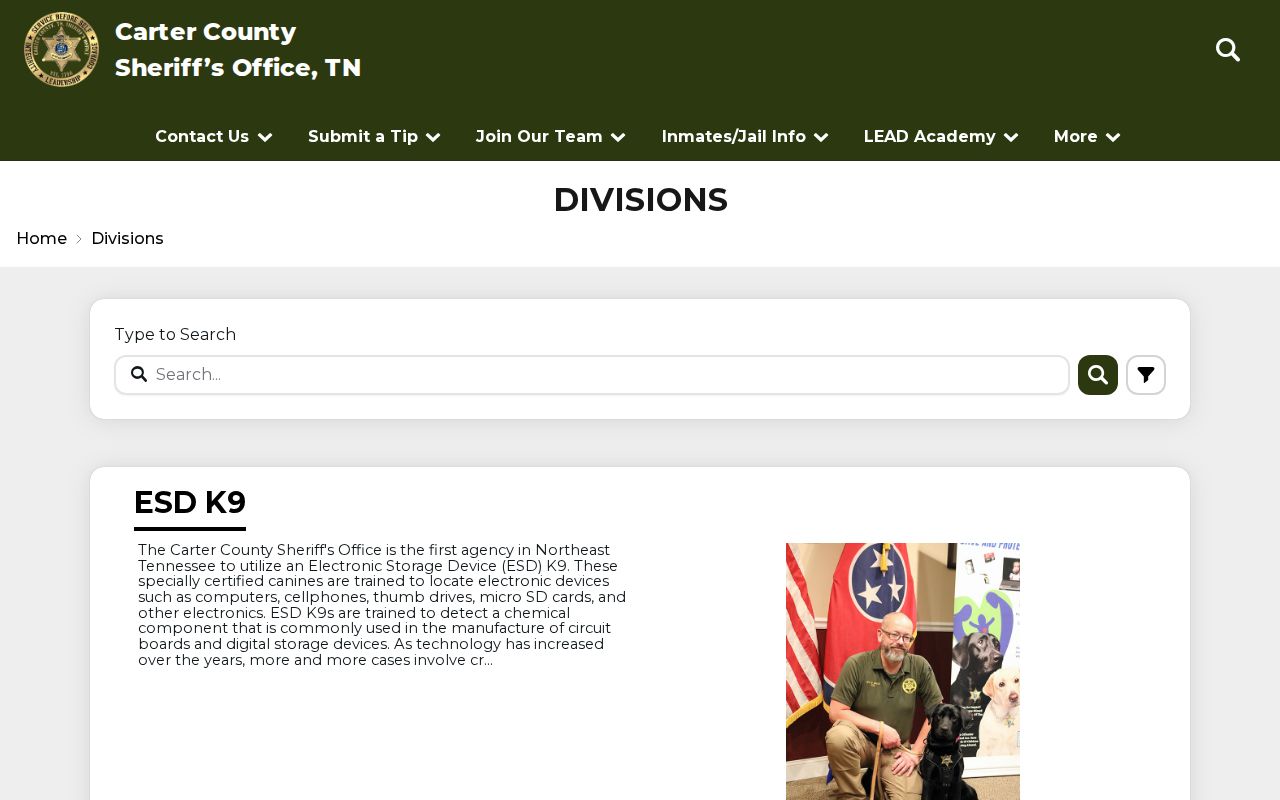 Carter County arrest history Sheriff divisions and detention services
