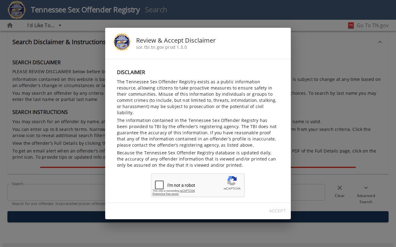 Carter County sex offender check fields on the Tennessee registry search