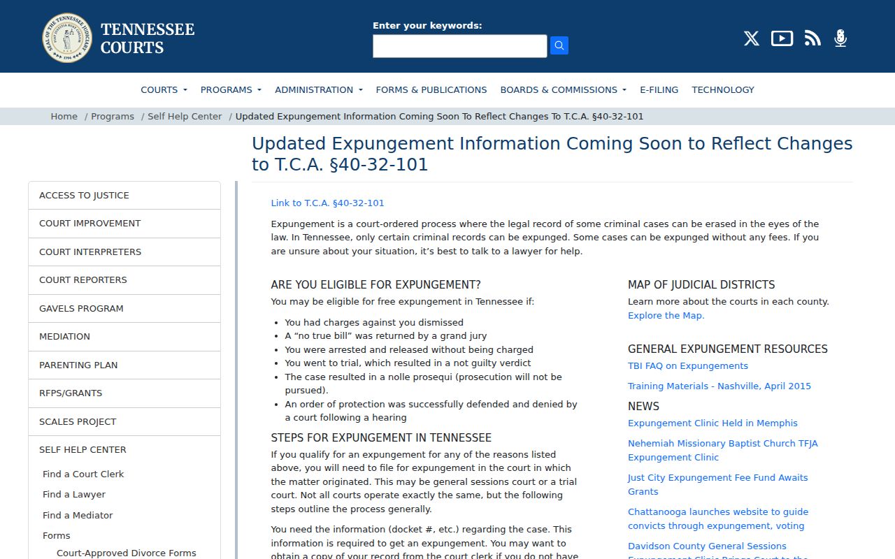 Tennessee court resource for Carter County criminal record expungement